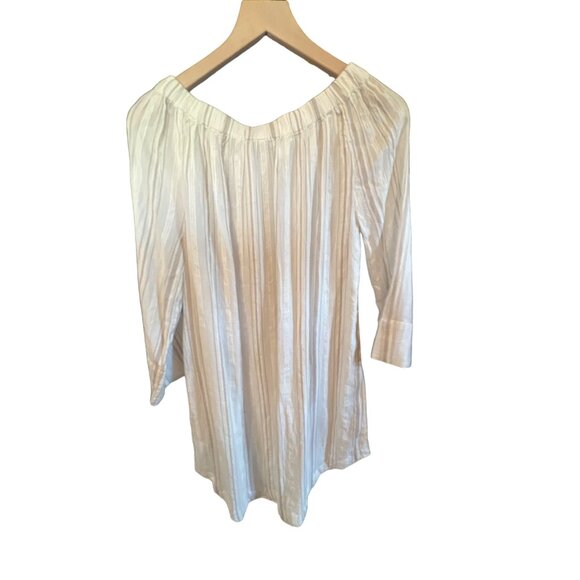 Garnet Hill Off Shoulder 3/4 Sleeve Dress White Tan Stripe Size Small - Picture 2 of 3